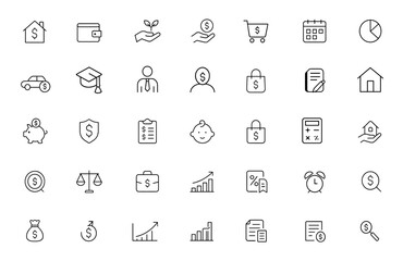 Fototapeta premium Personal finance icon set glyph. Vector pictograms of mortgage, wallet, investment, payment, debt, car, education, graduation, purchase, calendar, pie chart, black silhouette symbol and more.