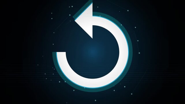 Digital refresh icon animation on dark background with glowing network particles representing system update and data reset.