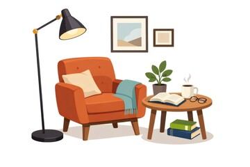 Fototapeta premium Inviting living area setup creating a sense of relaxation and leisure, featuring an orange armchair, floor lamp, side table with a book, coffee, and a plant