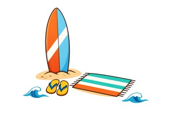 Fototapeta premium Surfboard, beach towel and flip flops laid on warm sand, evoking summer beach vacation, surfing and seaside relaxation ideal for travel, leisure and tropical escapes