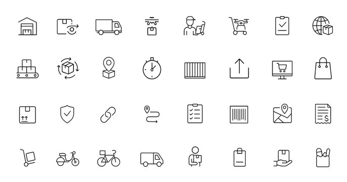 Logistics and delivery icon set with vector glyphs: black silhouette pictograms of warehouse, package, truck, drone, courier, shipping, supply chain, e-commerce, shopping bag concept and more.