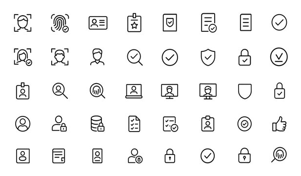 Verification and identification icon set. Black silhouette glyph vector pictograms of biometric scan, personal ID card, passport, security badge, document authentication, verification, illustration