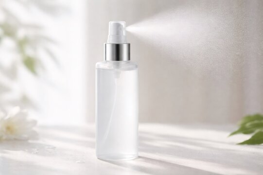 Clear bottle spraying a fine mist, suggesting freshness, hydration, and natural beauty on a light background with subtle plant elements for a serene and pure aesthetic