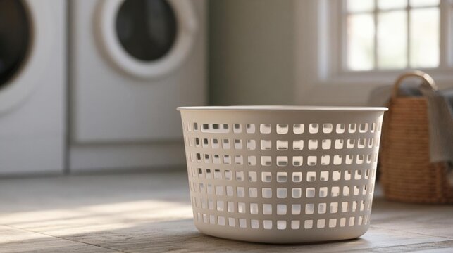 White laundry basket on a wooden floor in a laundry room. the basket is made of plastic and has a perforated design with small holes on the sides.