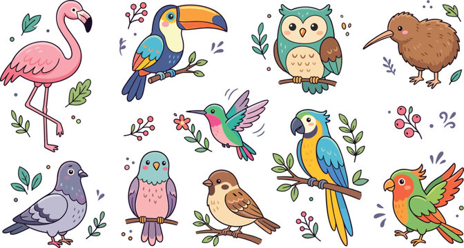 Cute colorful cartoon bird collection vector illustration, flamingo toucan owl kiwi hummingbird parrot sparrow pigeon, adorable wildlife characters set