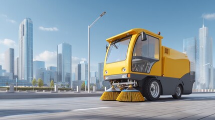 Naklejka premium Modern yellow street sweeper cleaning urban sidewalk in cityscape background