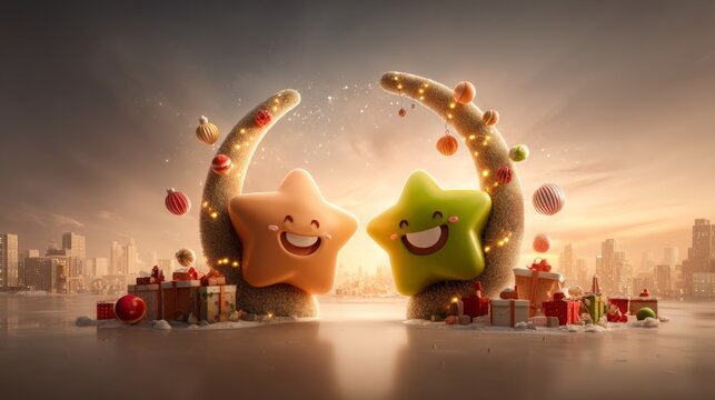 Cute Smiling Star Figures with Festive Decorations and Gift Boxes at Sunset