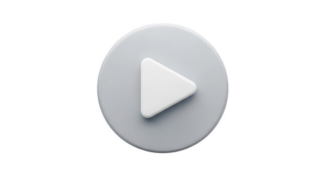 A 3 d rendered white play button featuring a rounded triangle inside a circular frame, isolated against a solid black background