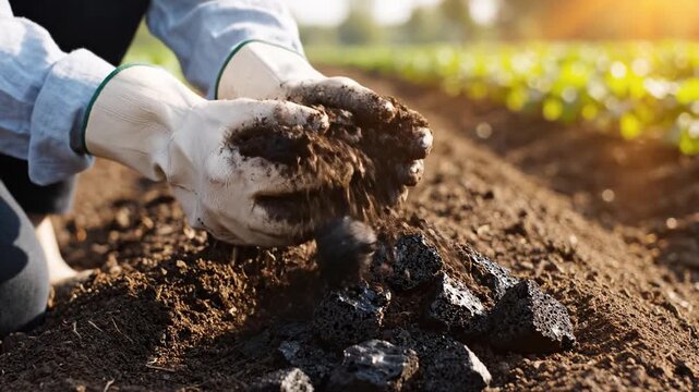Close up of hands in white gloves mixing black biochar pieces into brown fertile soil in a sunny field. Represents sustainable agriculture and soil health. Ideal for farming and ecology content.