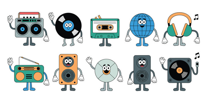  Set of Retro Cartoon Music Characters in Rubber Hose Style including Boombox, Vinyl Record, Cassette, and Headphones - Vintage 1930s Aesthetic Illustration