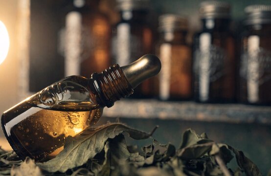 Glass dropper bottle with golden dropper tip lying on dried herbal leaves, apothecary shelf