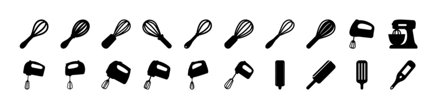 Black kitchen utensil set with whisks and spatulas - Minimalist black and white vector icons of various kitchen tools including whisks, spatulas, ladles, and tongs for cooking and baking designs.