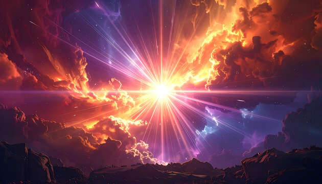 Explosion of light and energy in dramatic colorful clouds, cosmic nebula, and distant landscape below, epic fantasy or sci-fi background