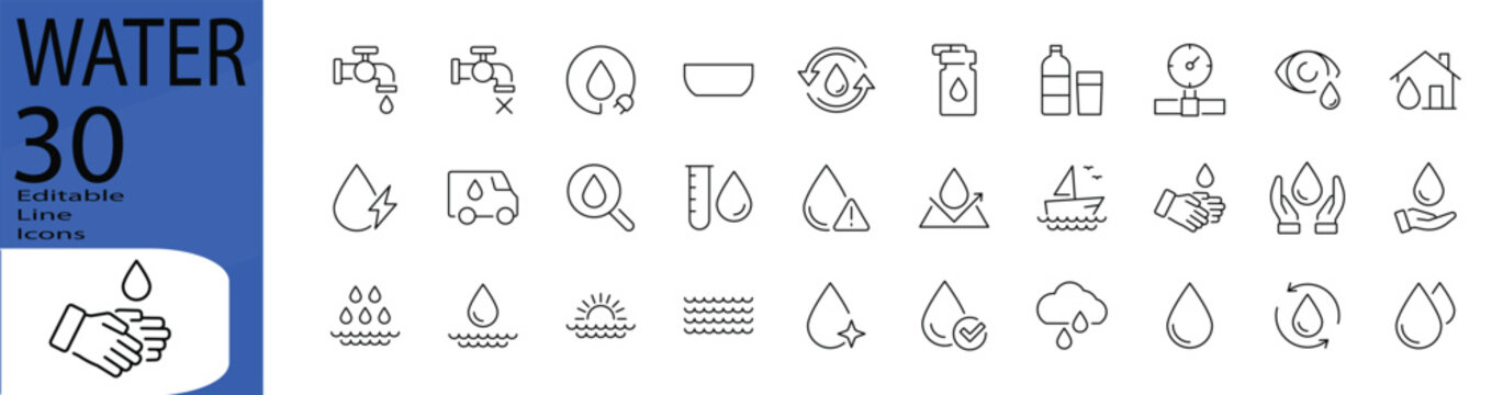 Water line editable icon set. Editable stroke. Vector illustration.