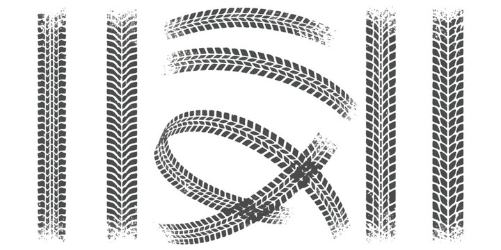 Set of black car tire tracks and rubber tread marks for automotive and off road vehicle design