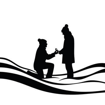 Romantic marriage proposal in the snow silhouette. Man kneeling with ring in winter landscape. Vector illustration