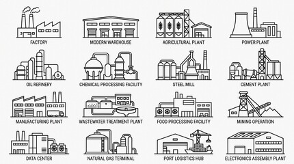 Naklejka premium Industrial Facilities Line Icons: Manufacturing Energy Logistics Tech