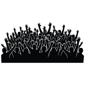 Large crowd silhouette vector illustration depicting many raised hands in line art form.