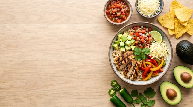rilled Chicken Burrito Bowl with Rice, Avocado, Salsa and Tortilla Chips on Wooden Background with Copy Space