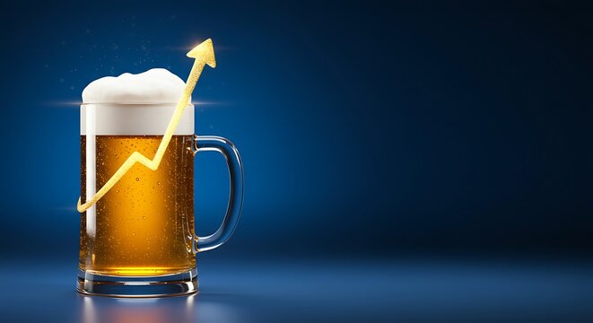 A glass of beer with a rising yellow line graph superimposed on it, against a dark blue background with a shallow depth of field and warm tones.