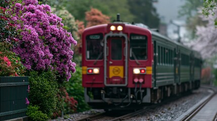 Fototapeta premium Red and green passenger train approaches a station surrounded by blooming pink flowers and lush greenery along the railway track in a scenic landscape