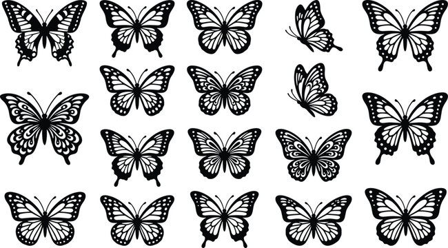 Elegant butterfly silhouette vector collection, decorative monochrome insect set, isolated wing patterns, artistic nature illustration for creative design