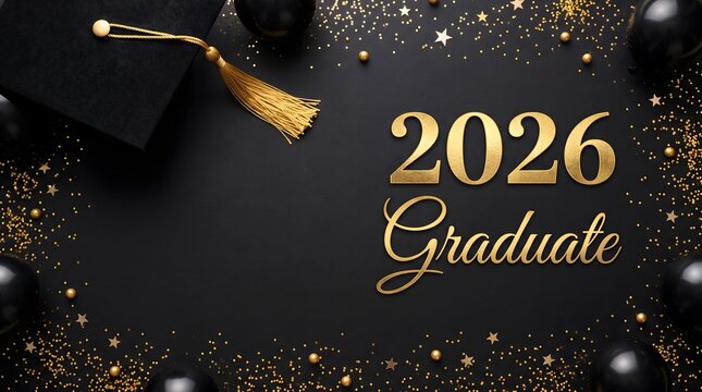 2026 Graduate Gold Script Text with Graduation Cap Gold Tassel Black Balloons and Glitter on Dark Background