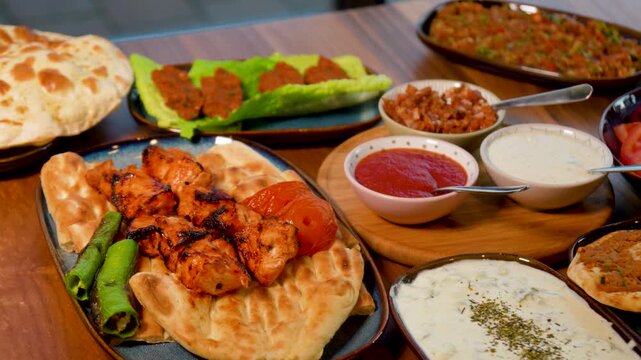Full Turkish Family Feast Table with Traditional Food, Grilled Meat, Meze and Rustic Bread