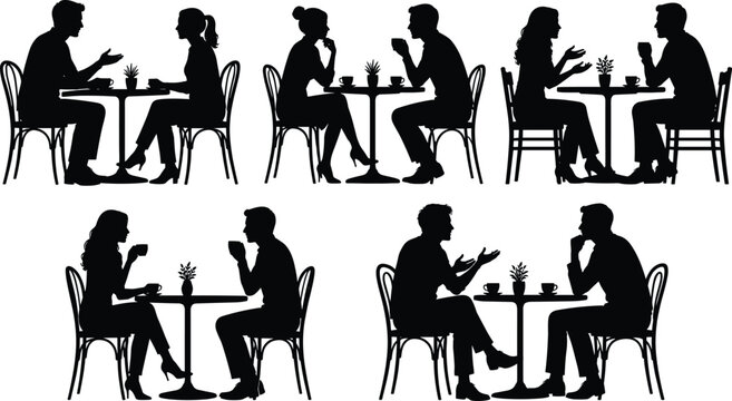 Elegant Cafe Conversation Silhouette Collection Featuring Couples Drinking Coffee Talking at Restaurant Tables Isolated on White Background Vector