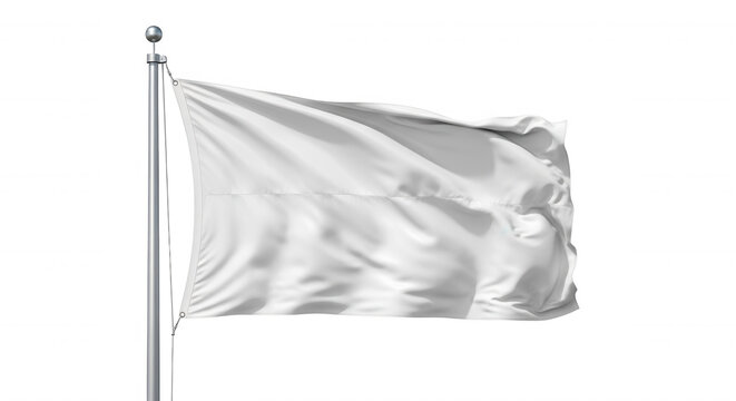 A blank white flag waving on a silver metal flagpole against a solid black background, isolated studio shot of a textile banner