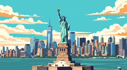 Iconic New York City Skyline with Statue of Liberty, A Vibrant Vector Illustration for Your Next Project © Purnomo Semlirick