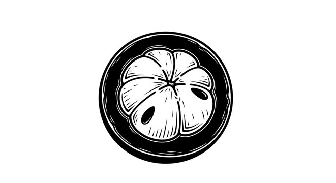 Black and white graphic illustration of a half cut mangosteen fruit