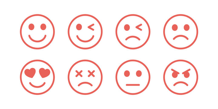   Set of Eight Minimalist Red Line Emoji Icons Representing Different Emotions and Facial Expressions
