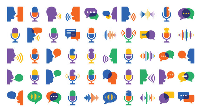 40 colorful podcast icons, microphone symbols, speech bubbles, audio waveforms, vector graphics