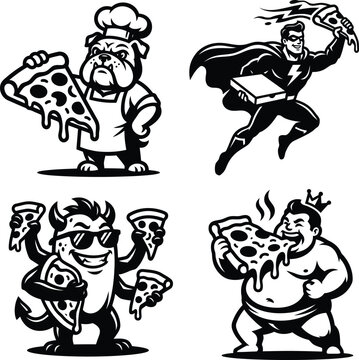 Set of funny pizza mascot character emblems featuring a chef bulldog, superhero, hungry monster, and fat king.