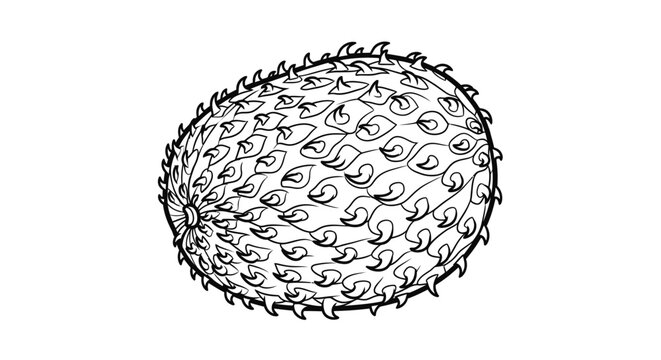 Black and white illustration of a soursop fruit isolated on a white background