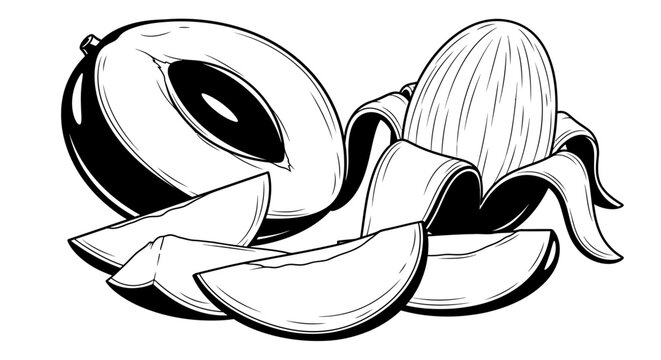 Black and white illustration of sliced sapote fruit with a seed