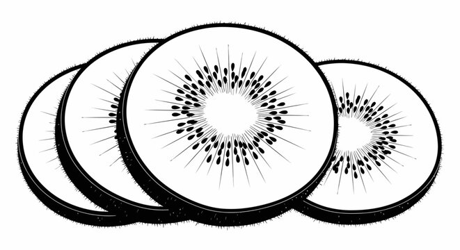 Black and white illustration of sliced kiwi fruit isolated on white background