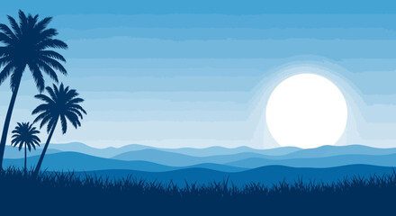 Obraz premium Silhouetted Palm Trees and Distant Hills under a Serene Sunset Landscape at Dusk.