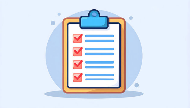 Checklist on a clipboard with completed tasks marked by red checkmarks, document with to-do list, survey or exam paper
