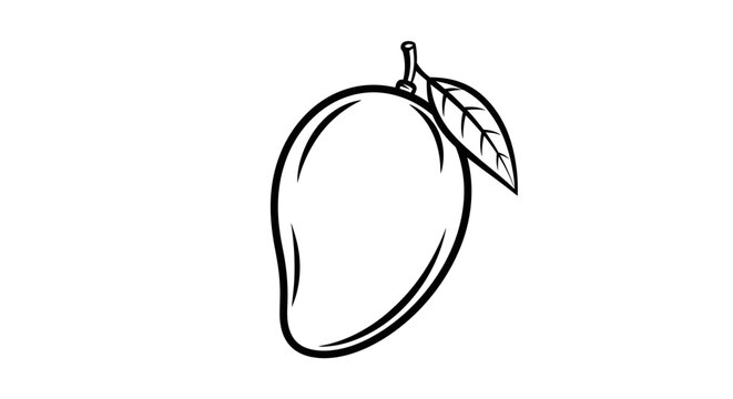 Black and white outline of a mango with a leaf on white background