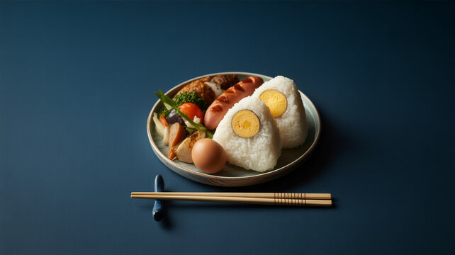 A plate of Japanese bento box with rice balls, hard-boiled eggs, grilled sausages, and vegetables served with chopsticks on a dark blue background.