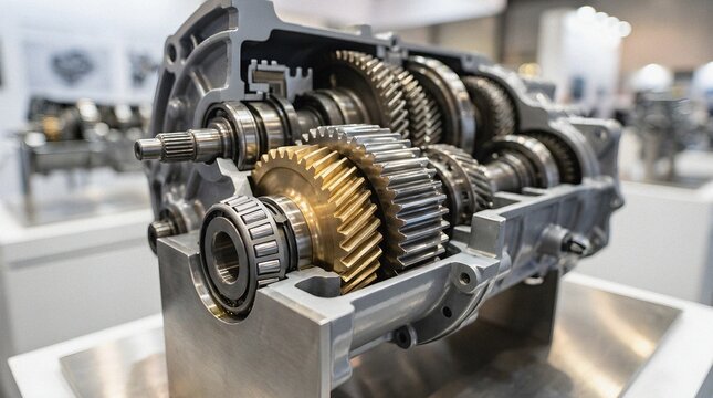 Gearbox cross section with gears and bearings for automotive industry