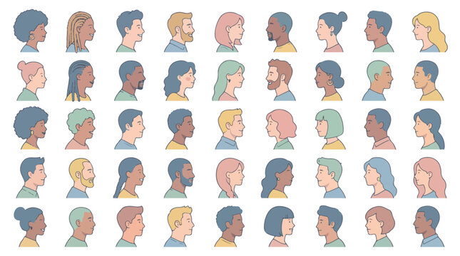 Diverse people profile avatars, set of 50 multicultural human head icons in side view, flat vector characters for community and team web design