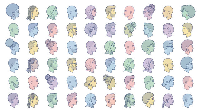 Diverse people avatar collection, 60 profile head icons in pastel colors, multicultural human face silhouettes, inclusive community vector set