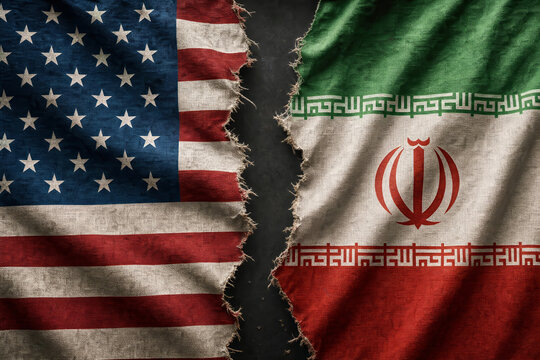 Torn United States and Iran flags