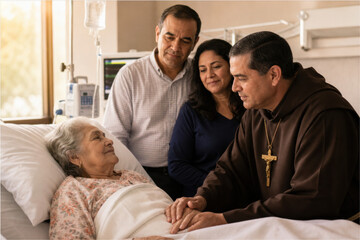 Obraz premium Church father meeting senior women in hospital, priest visiting elderly patients, spiritual care and religious support at medical ward. Faith, compassion and community service concept graphic