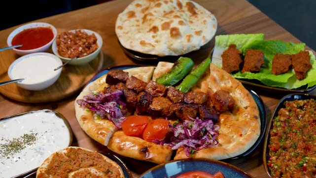 Full Turkish Family Feast Table with Traditional Food, Grilled Meat, Meze and Rustic Bread