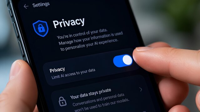 User toggling &ldquo;Privacy&rdquo; setting in AI app, control regained, macro focus