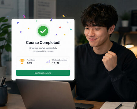 Course Completed badge popping up, subtle fist pump, achievement micro-moment